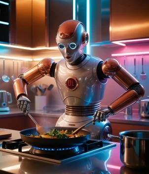 robot is cooking kitchen with bowl food